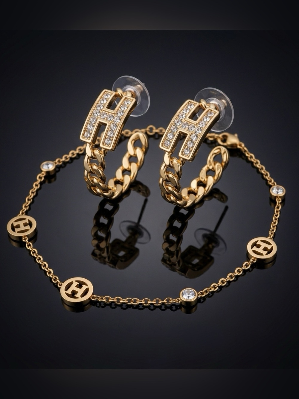 Fashion Jewelry Gold-Tone Chain Bracelet with Crystal Medallions with H Letter - Picture 3 of 7